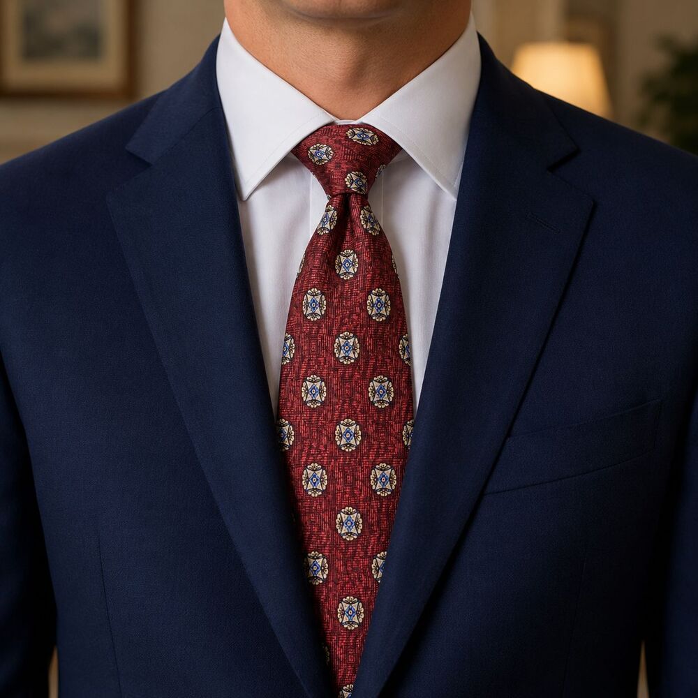Jos. A. Bank Tie Mens One Size Red Silk Geometric Medallion Made In Italy